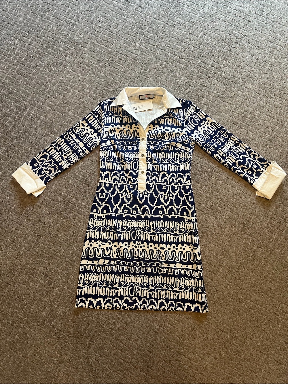 NWT Navy & White Printed Collared Shift Dress